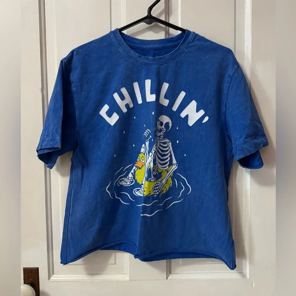 Men’s Blue 'Chillin'' Graphic Tee with Skeleton & Duck Print